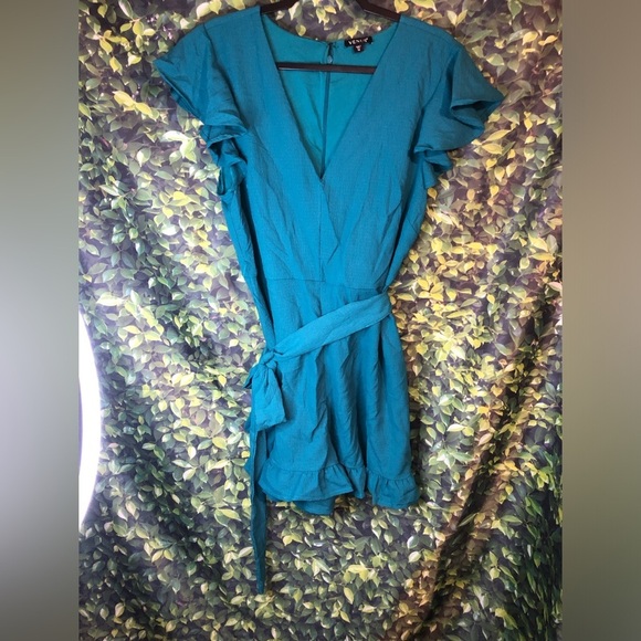VENUS Teal Blue Wrap Romper with Flutter Sleeves - Picture 6 of 16